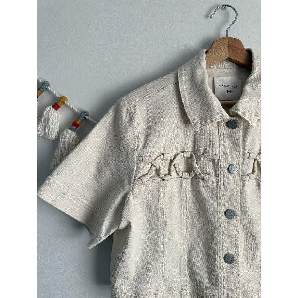 Habitual Braided Yoke Short Sleeve Denim Cropped Shacket Neutral Classic Boho M - Picture 3 of 9